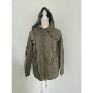 J Crew Cotton Utility Army Green Military Cargo Hooded Jacket Zip Distressed XS